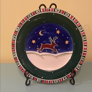 Festive K.I.C. Hand Painted Ceramic Reindeer on a Starry Night Plate